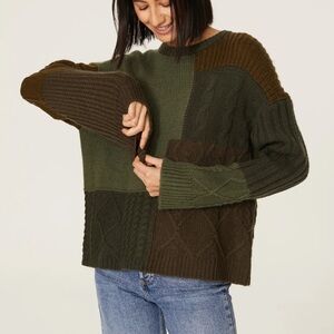 Patchwork Knit Sweater - Green and Brown